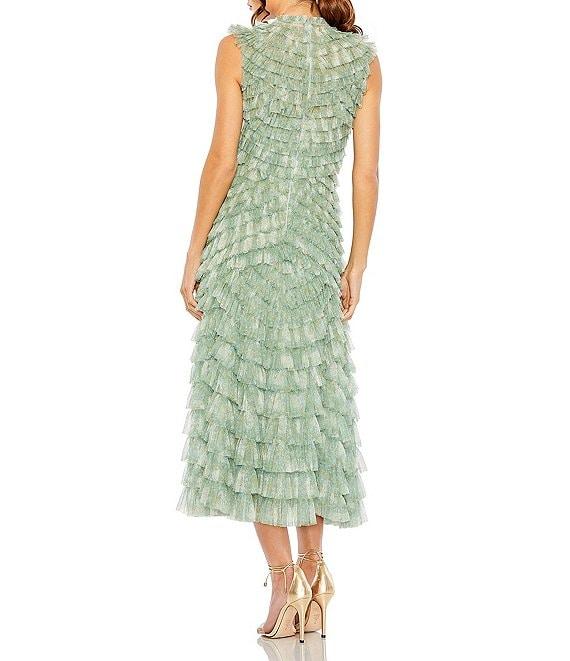 Mac Duggal Mock Neck Micro Ruffle Sleeveless Mesh A-Line Midi Dress Product Image