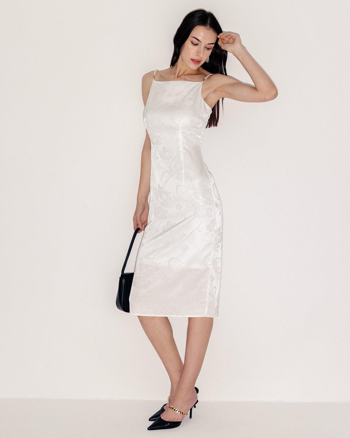 White Beaded Strap Slip Midi Dress Product Image