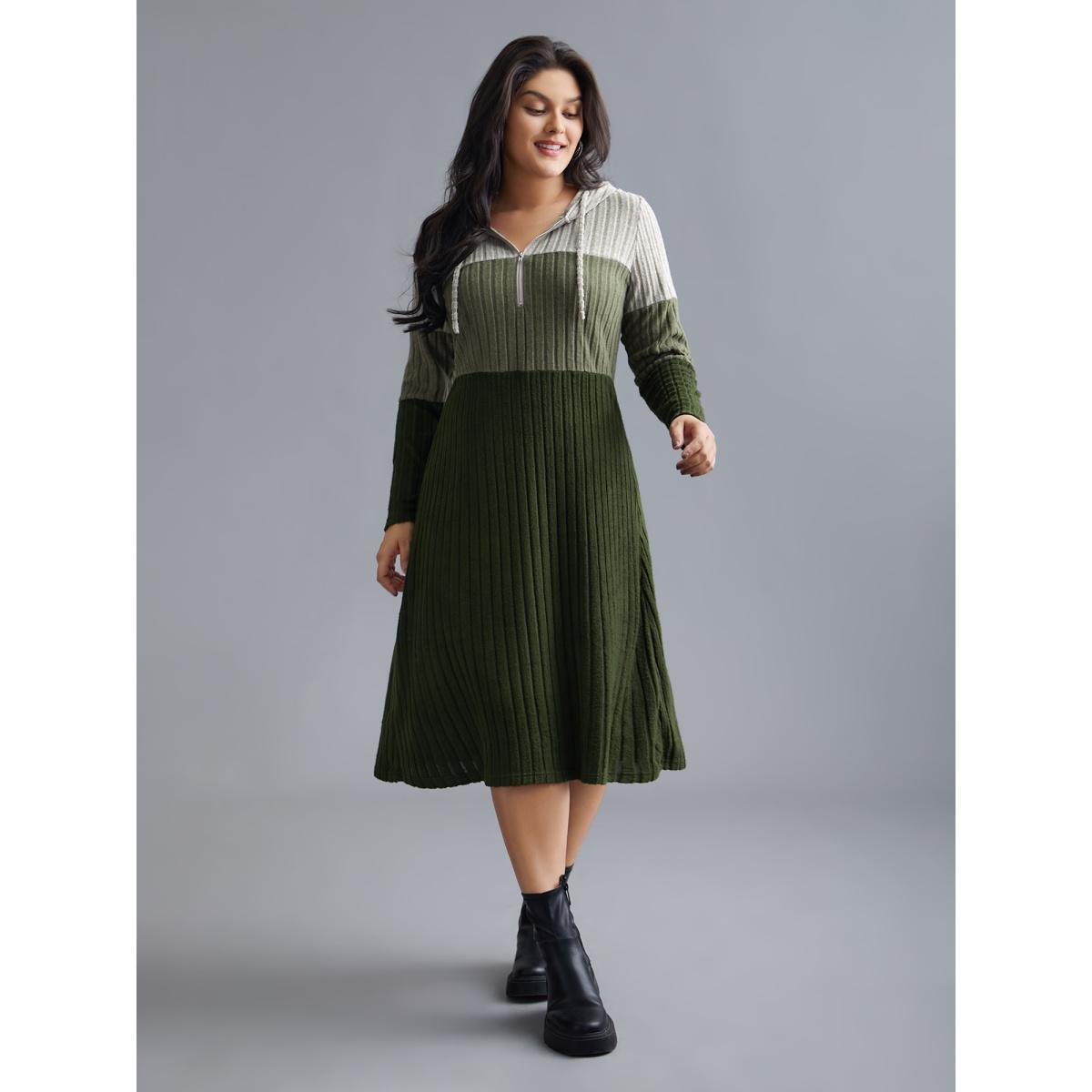 Plus Size Hooded Half Zip Pit Strip Knit Dress ArmyGreen Women Casual Contrast Hooded Long Sleeve Curvy BloomChic 10/M Product Image