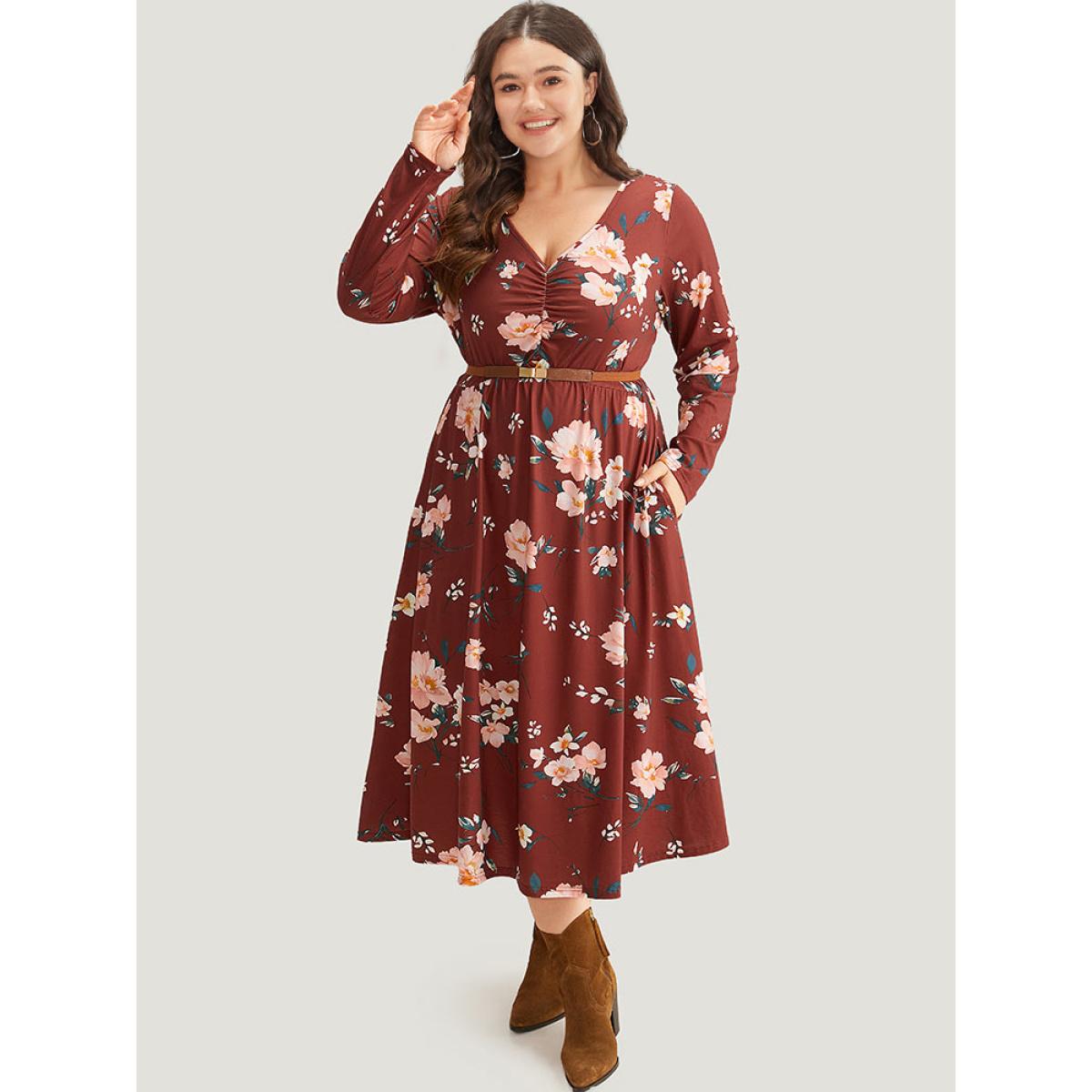 Plus Size Floral Pocket Ruched Elastic Waist Dress Burgundy Women Casual Gathered V-neck Long Sleeve Curvy Midi Dress BloomChic 28/5X Product Image