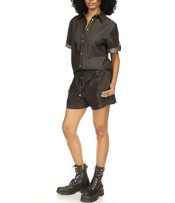 Michael Kors Cotton Chambray Collared Neckline Short Sleeve Top Product Image