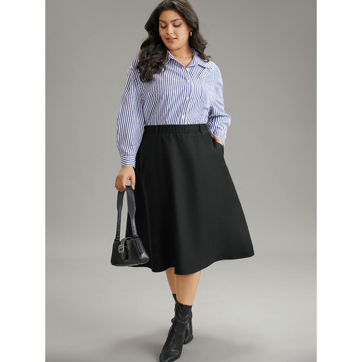 Plus Size Plain Pocket Elastic Waist A-line Skirt Women Black Office A-line No stretch Pocket Work Skirts BloomChic 30/6X Product Image