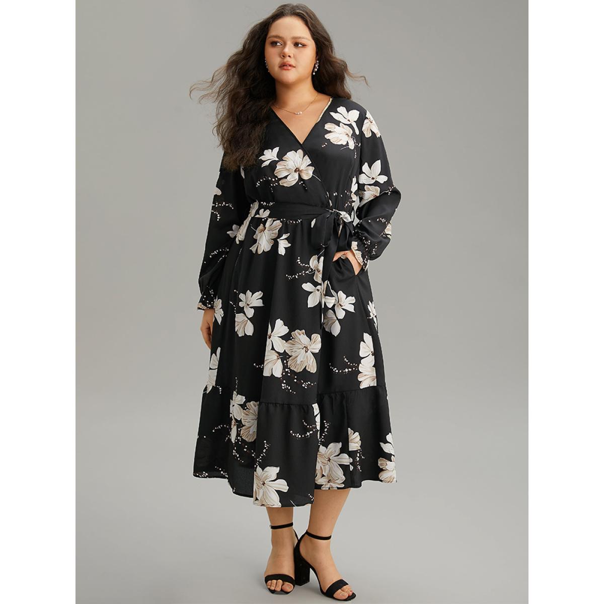 Plus Size Floral Print Flutter Sleeve Belted Surplice Neck Dress Black Women Elegant Wrap Overlap Collar Long Sleeve Curvy Midi Dress BloomChic 22-24/3X Product Image