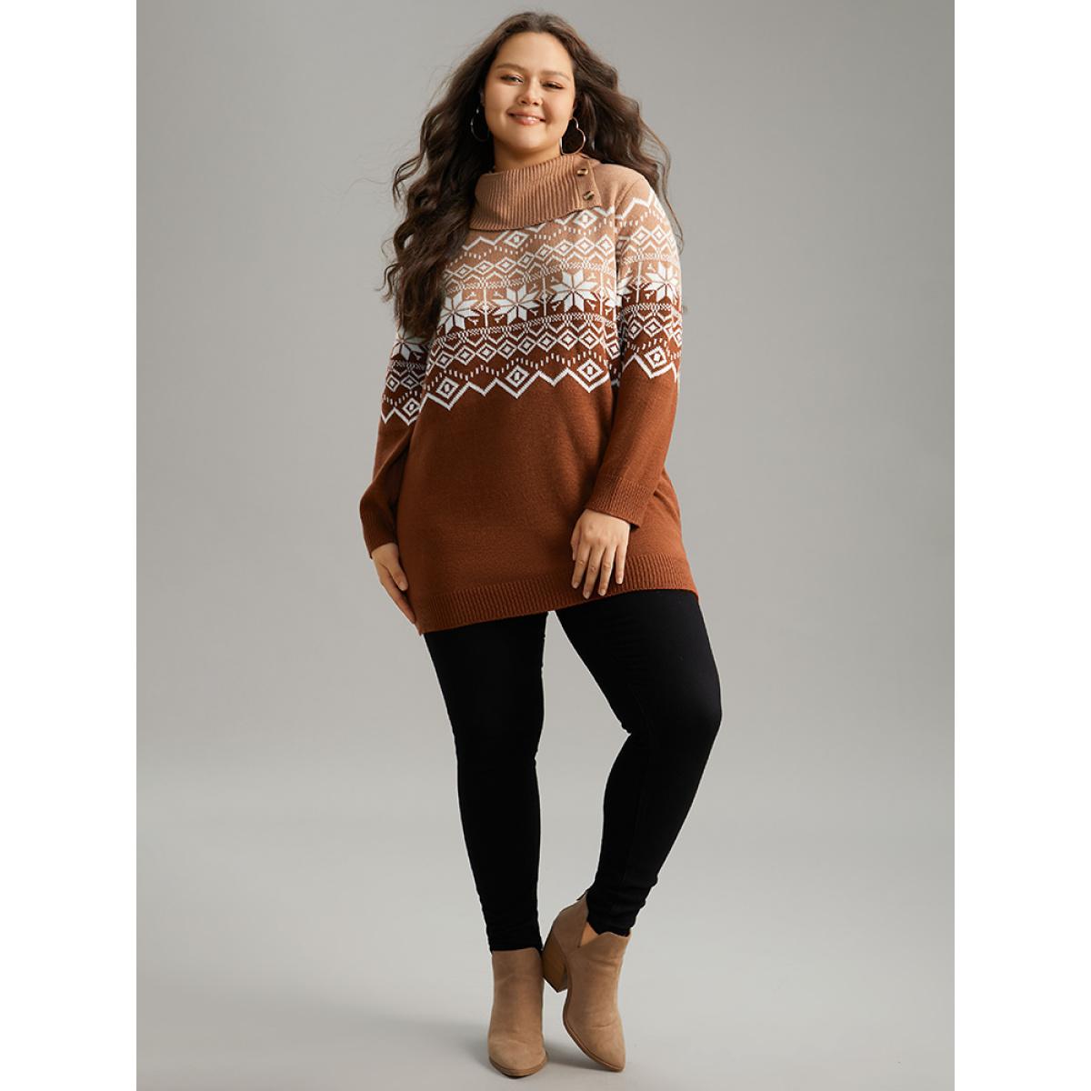 Plus Size Snowflake Print Button Detail Split Side Pullover Multicolor Women Casual Loose Long Sleeve Lapel Collar Festival-Christmas Pullovers BloomChic 22-24/3X Product Image