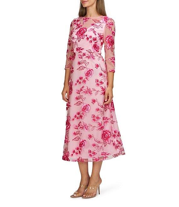 JS Collections Nadine Illusion V-Neck 3/4 Sleeves Floral Embroidered Mesh A-Line Tea Length Dress Product Image