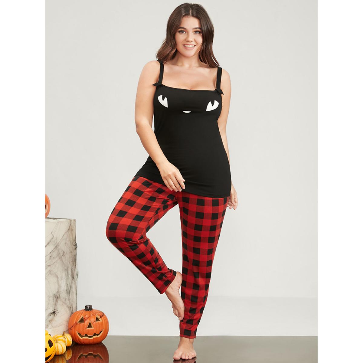 Plus Size Halloween Print Tartan Lounge Set Women Black Graphic-Halloween Printed Sleeveless Spaghetti Strap Casual Loungewear Sets BloomChic 30/6X Product Image