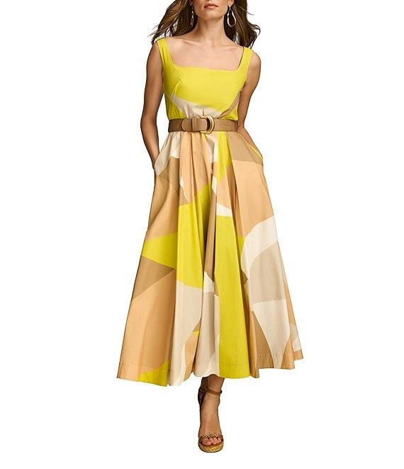 Donna Karan Sleeveless Square Neck A-Line Belted Geometric Print Midi Dress Product Image