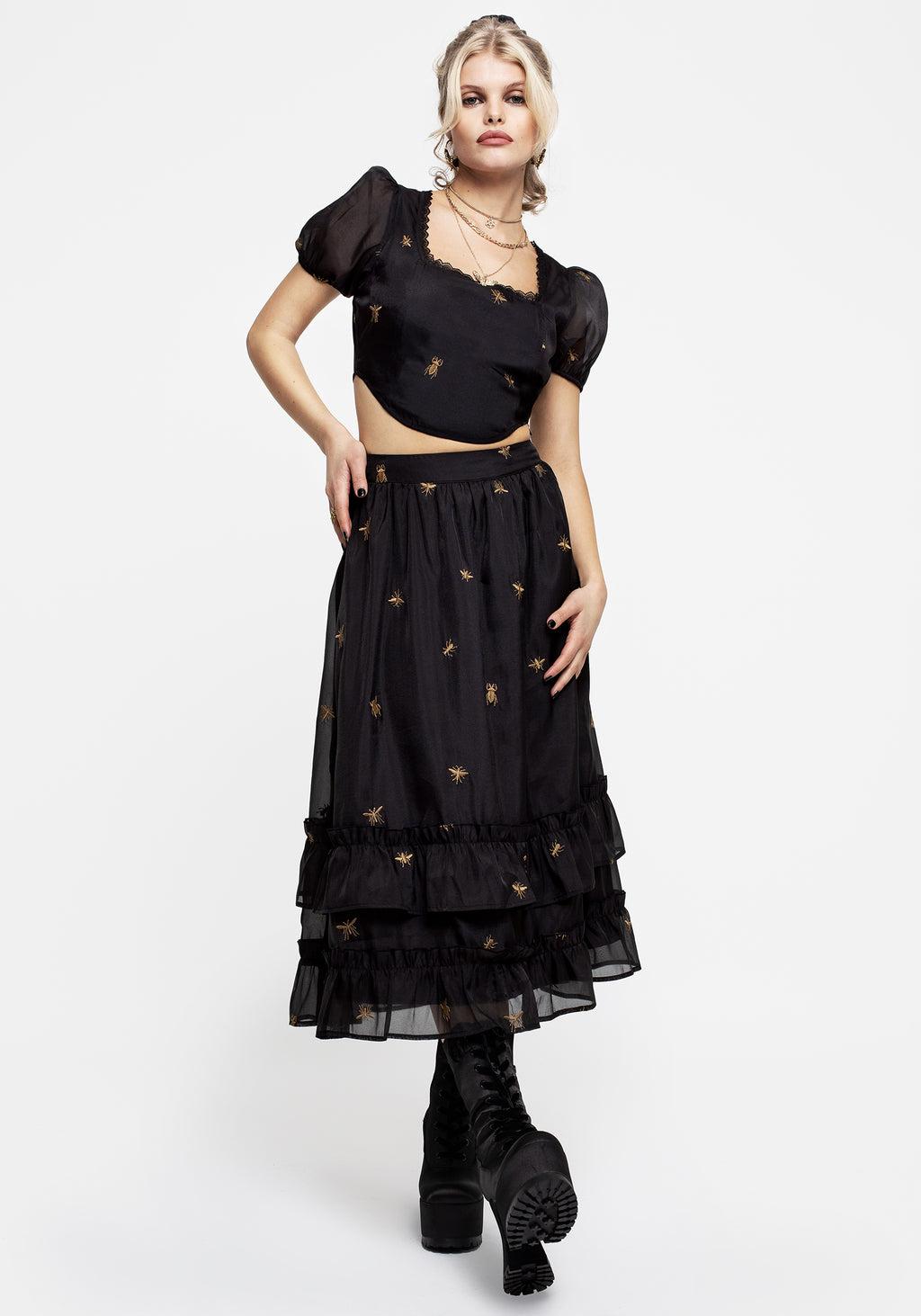 Insectarium Embroidered Organza Tiered Midi Skirt Product Image
