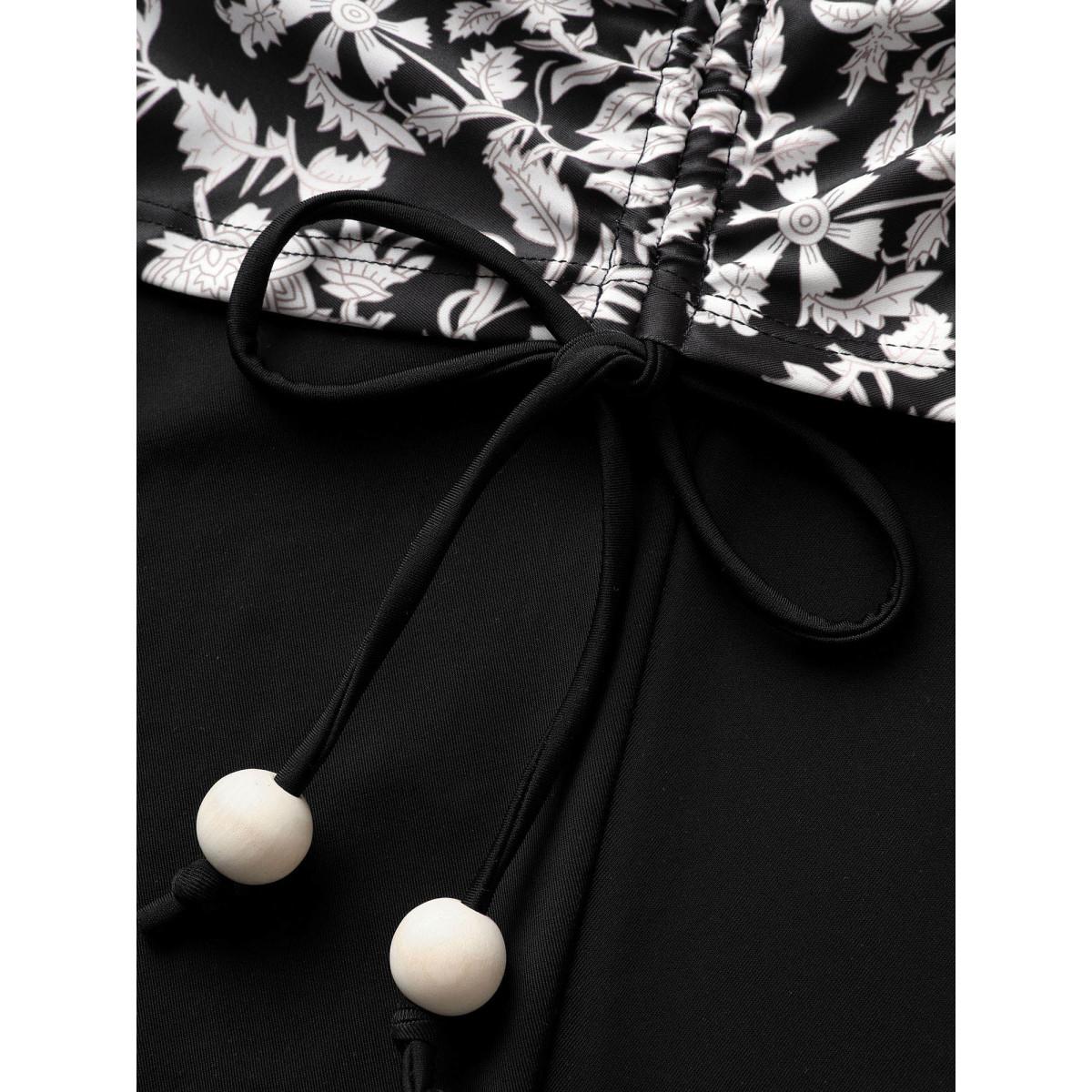 Plus Size Natural Flowers Tie Knot Drawstring Swim Dress Women's Swimwear Black Beach Bodycon U-neck High stretch Curve Swim Dresses BloomChic 26/4X Product Image