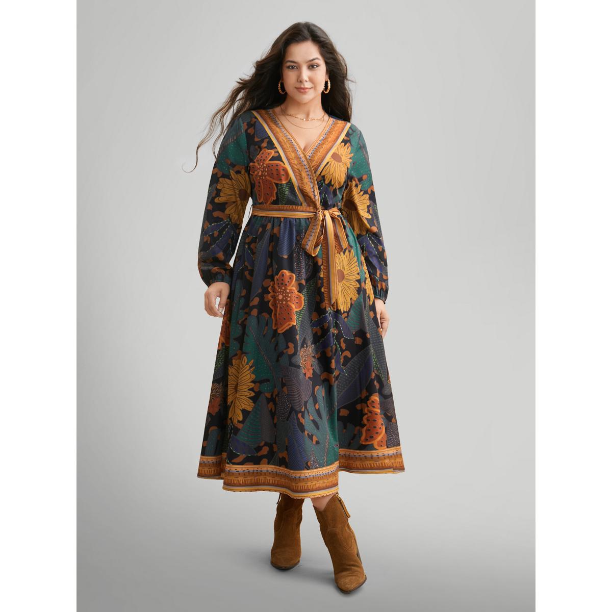 Plus Size Boho Print Belted Lantern Sleeve Dress Black Women Resort Belted Overlap Collar Long Sleeve Curvy BloomChic 10/M Product Image
