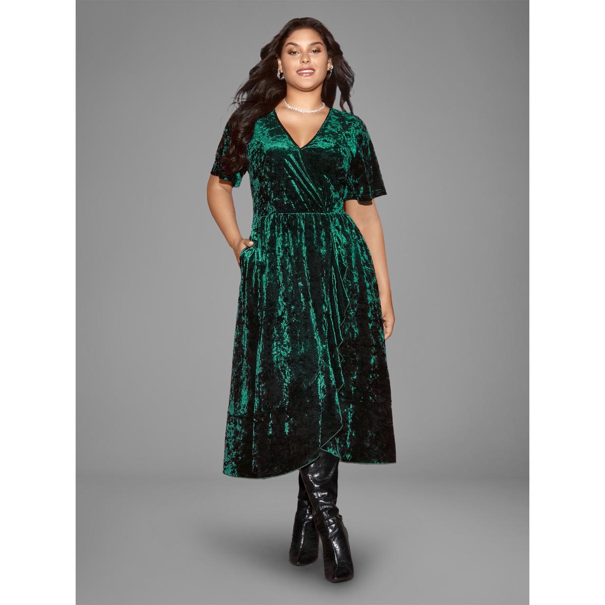 Plus Size Velvet Surplice Neckline Ruffle Sleeves Midi Dress DarkGreen Women Party&Cocktail Texture Overlap Collar Short sleeve Curvy BloomChic 14-16/1X Product Image