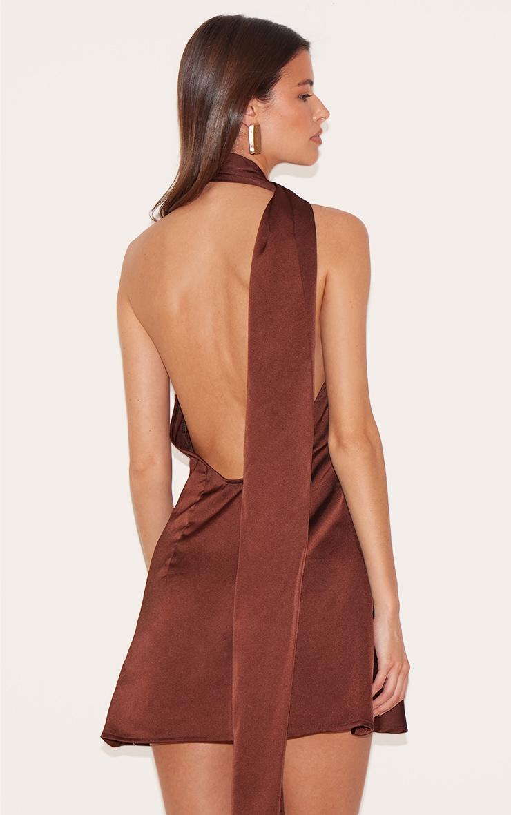 Chocolate Satin Scarf Detail Bodycon Dress Product Image