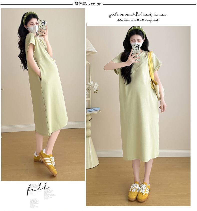 Maternity Short Sleeve Crew Neck Plain Cutout Panel Midi A-Line Dress Product Image