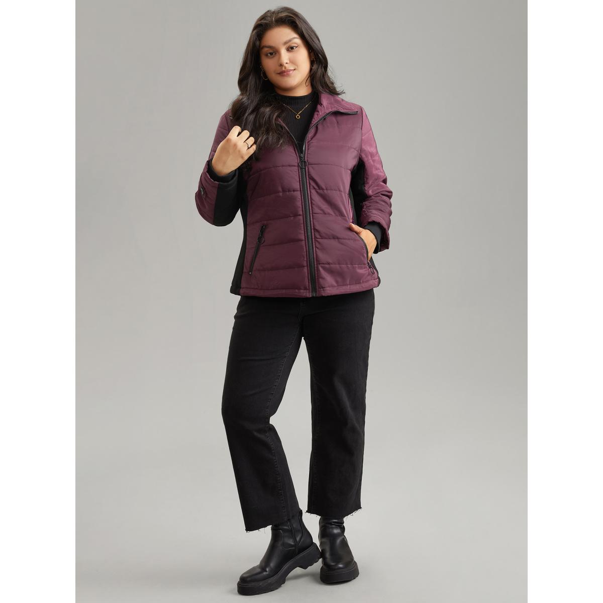 Plus Size Solid Zipper Patchwork Padded Jacket Women Burgundy Lined Pocket Everyday Jackets BloomChic 10/M Product Image