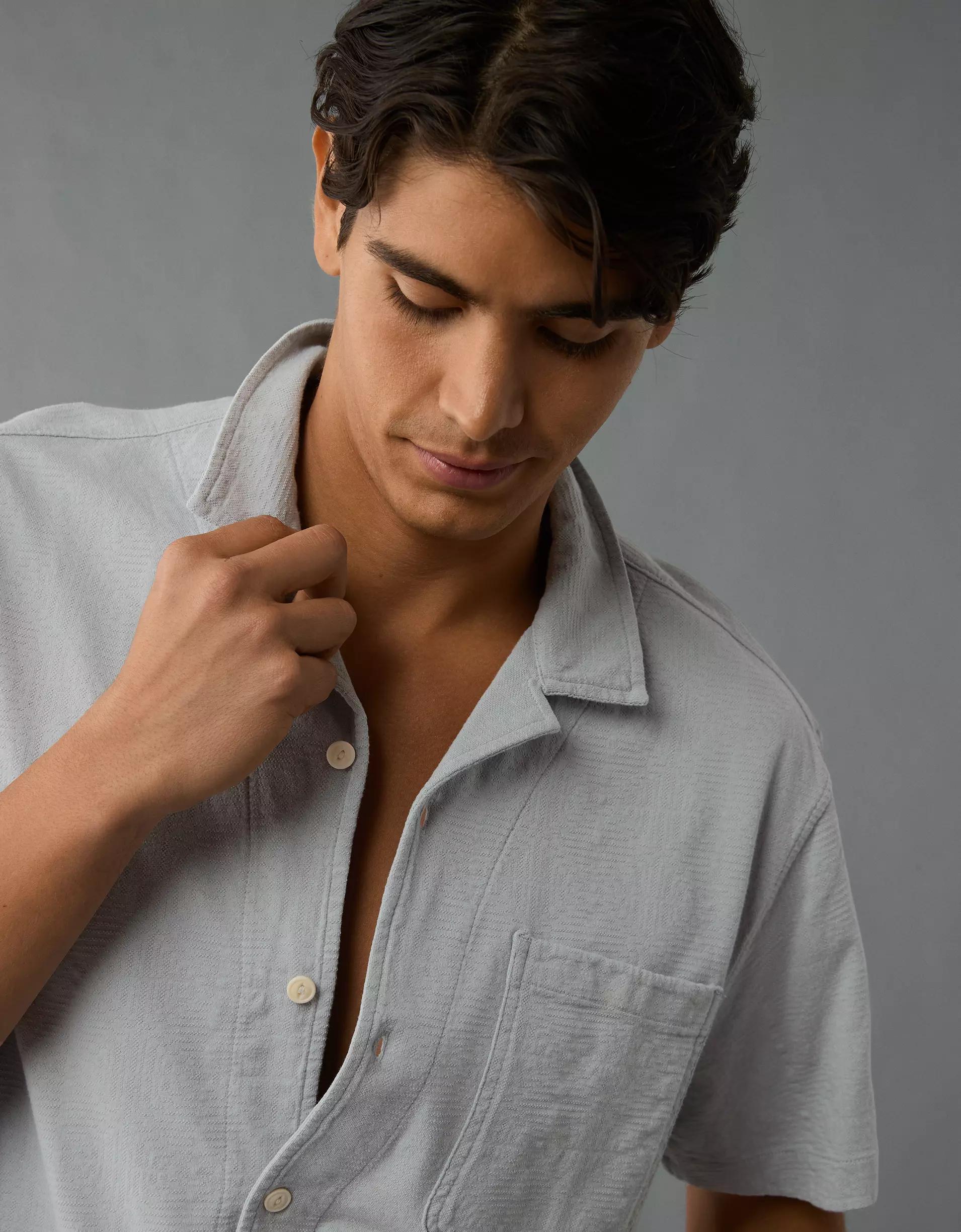 AE Jacquard Textured Button-Up Polo Shirt Product Image