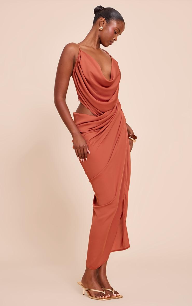Burnt Orange Chiffon Drape Cut Out Midaxi Dress Product Image