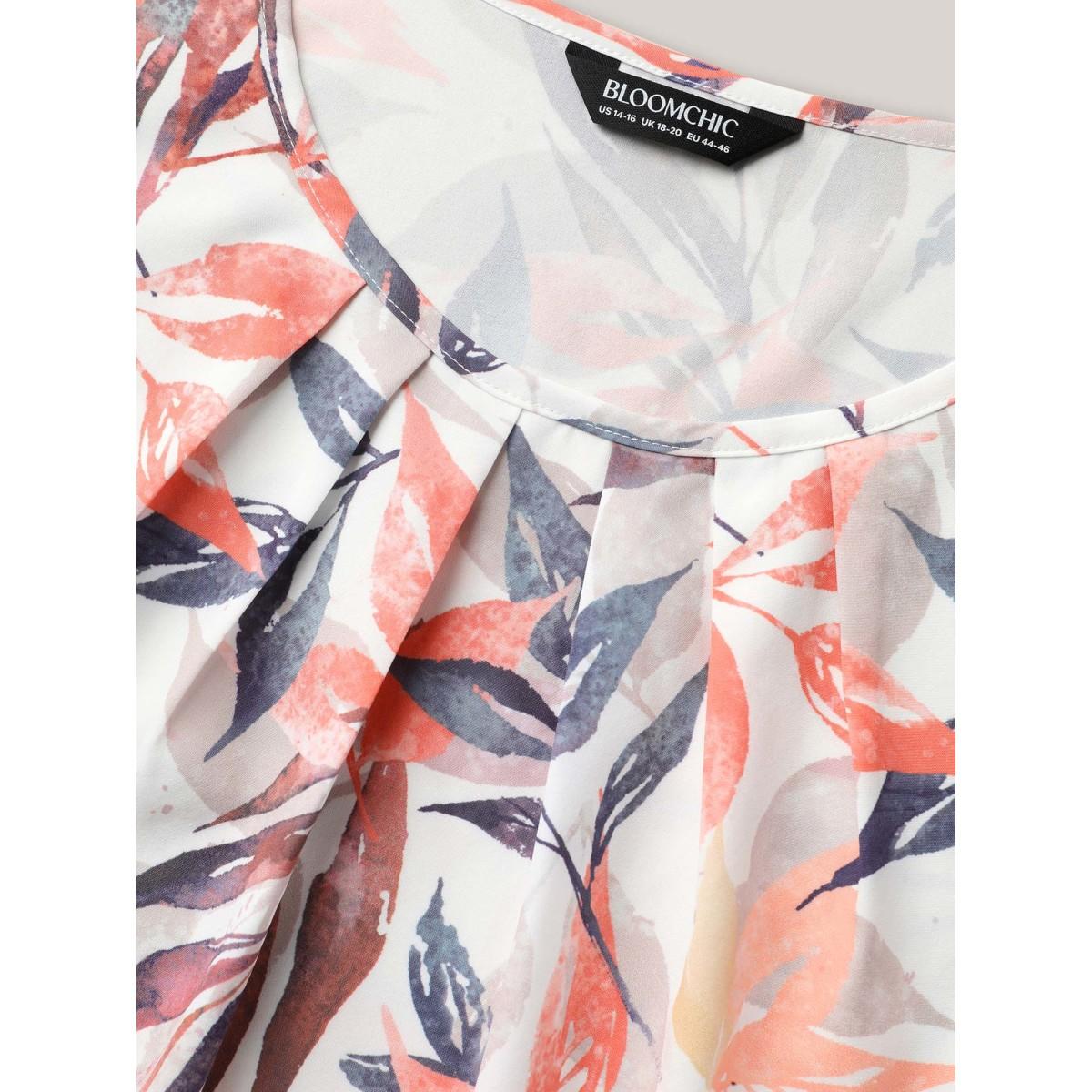 Plus Size Multicolor Floral Petal Sleeve Pleated Shirt Women Office Short sleeve Round Neck Office Blouses BloomChic 26/4X Product Image