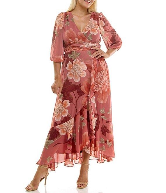 Moda Tara Plus Size Floral Print Chiffon 3/4 Sleeve High Low Skirt Dress Product Image