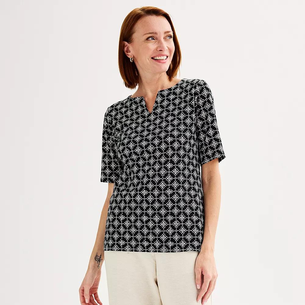 Women's Croft & Barrow® Elbow-Sleeve Splitneck Top, Size: XS, Black Window Tile Product Image