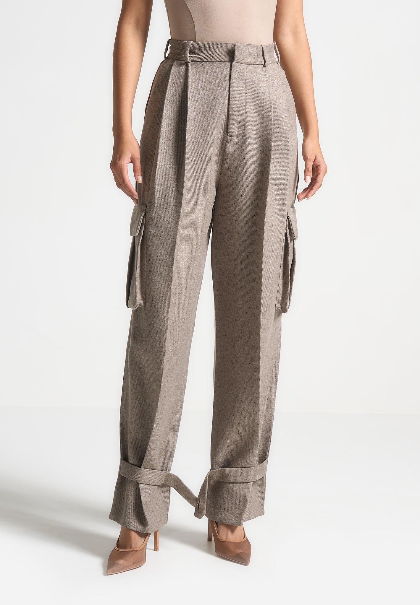 Danielle - Textured Tailored Pleated Cargo Trousers - Taupe Female Product Image