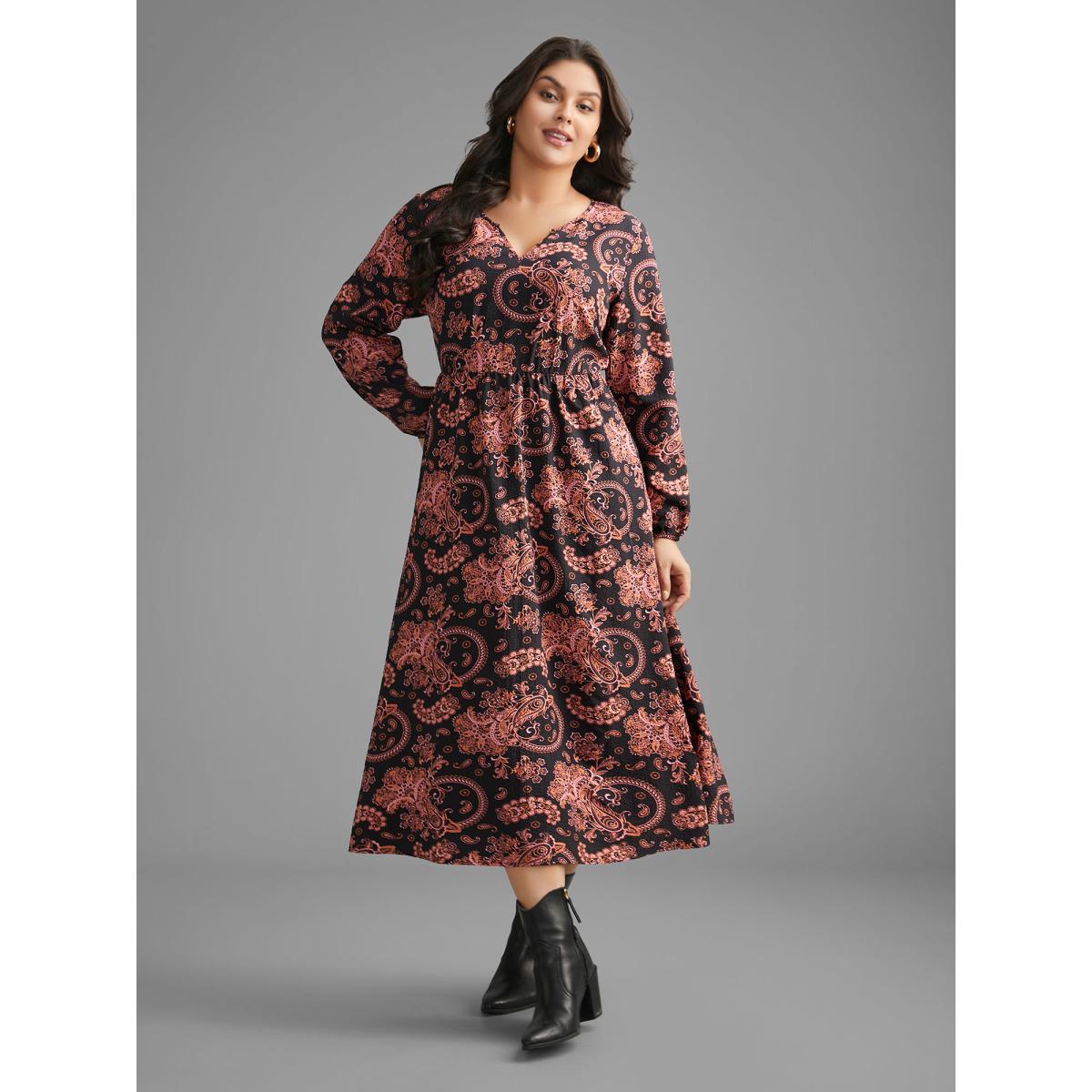 Plus Size Boho Print Notched Collar Lantern Sleeve Dress BlackFlower Women Resort Non Notched collar Long Sleeve Curvy BloomChic 12/L Product Image