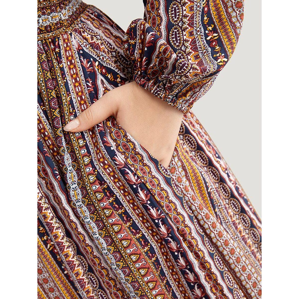 Plus Size Bandana Striped Lantern Sleeve Patchwork Dress DarkBlue Women Vacation Elastic cuffs V-neck Long Sleeve Curvy Midi Dress BloomChic 30/6X Product Image