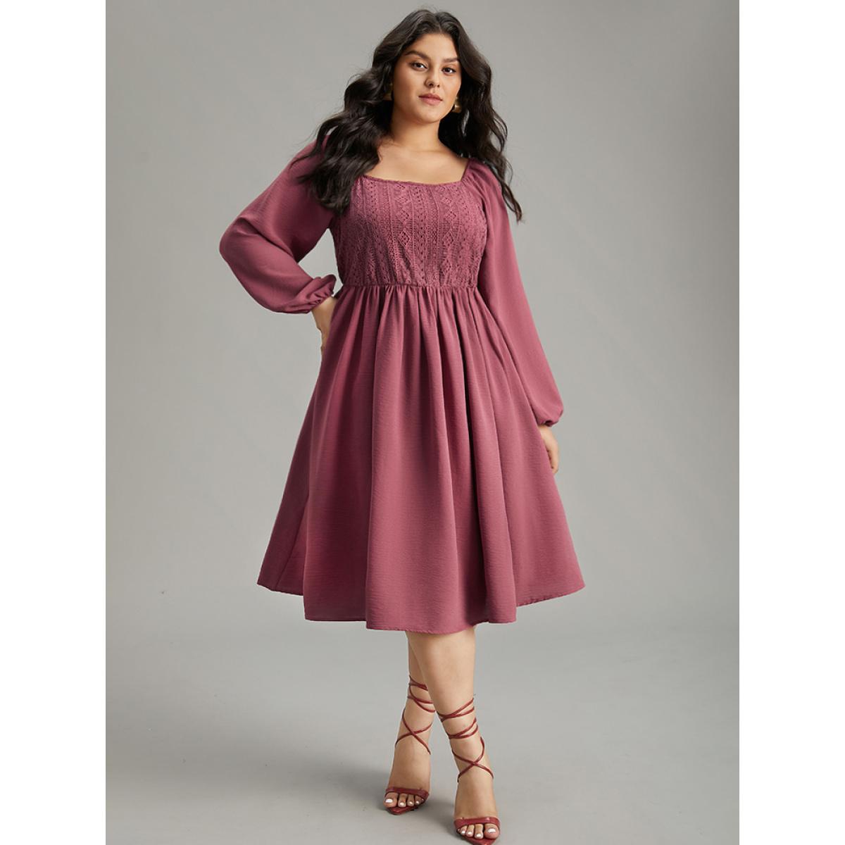 Plus Size Crochet Lace Square Neck Elastic Cuffs Dress DustyPink Women Elegant Elastic cuffs Square Neck Long Sleeve Curvy Midi Dress BloomChic 14-16/1X Product Image