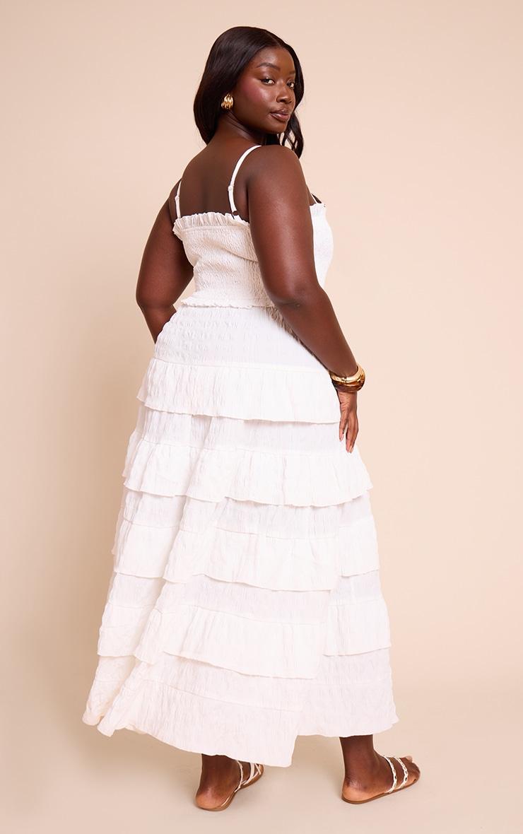 Plus White Textured Shirred Tiered Maxi Dress Product Image