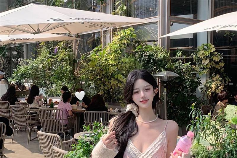 V-Neck Spaghetti Strap Floral Print Ruffle Trim Midi A-Line Dress / Plain Light Cardigan Product Image