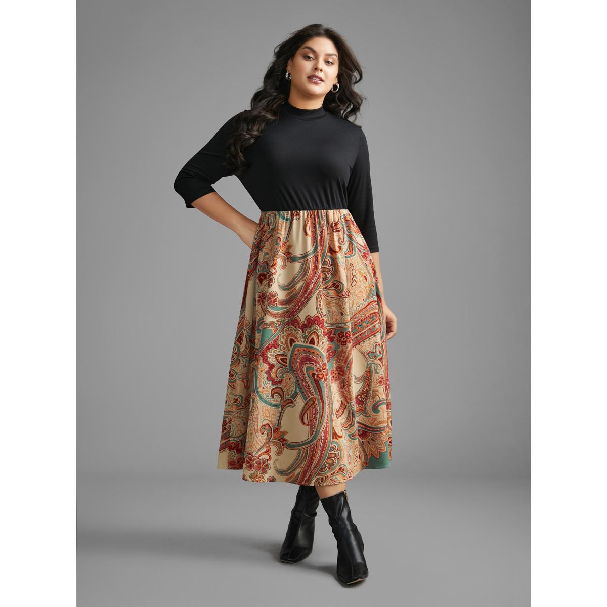 Plus Size Bandana Print Patchwork Elastic Waist Dress Black Women Resort Patchwork Mock Neck Elbow-length sleeve Curvy BloomChic 30/6X Product Image