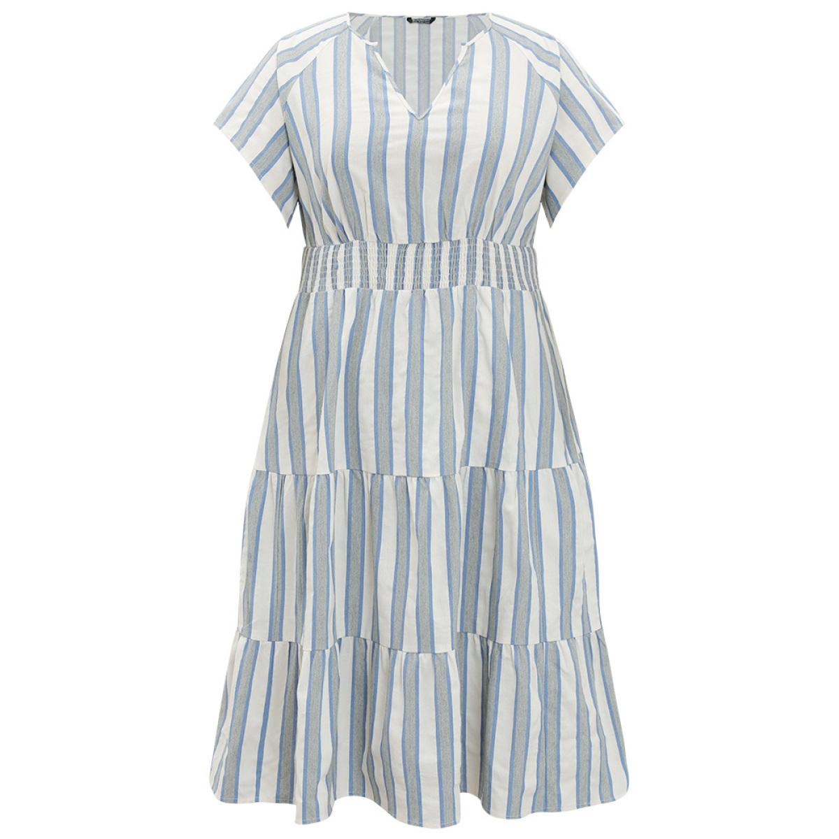 Plus Size Striped Contrast Pocket Shirred Flutter Tiered Dress Blue Women Resort Non V-neck Short sleeve Curvy Midi Dress BloomChic 10/M Product Image