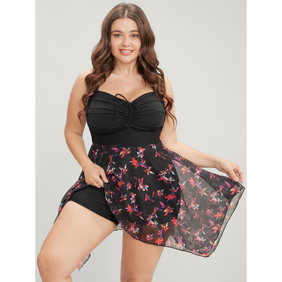 Mesh Adjustable Straps Plus Size Women Tropical Swim Dress Very Stretchy Bodycon Sleeveless V Neck Vacation Swim Dresses BloomChic Product Image