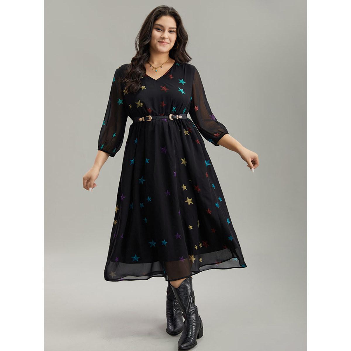 Plus Size Star Mesh Patchwork Elastic Waist Dress Black Women Casual Elastic cuffs V-neck Elbow-length sleeve Curvy Midi Dress BloomChic 28/5X Product Image