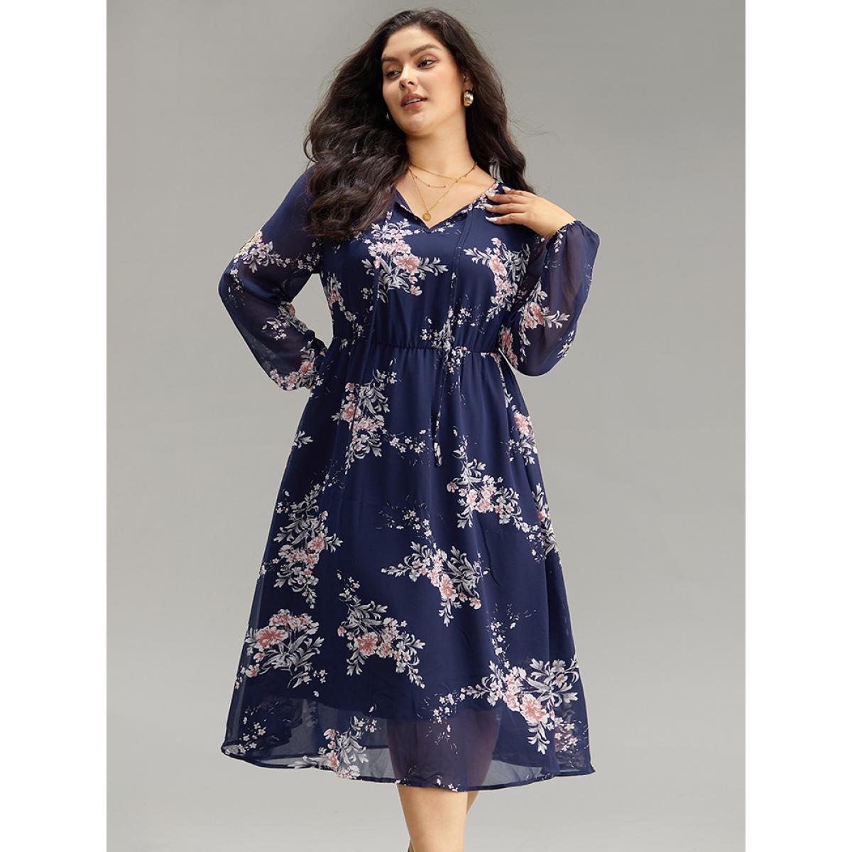 Plus Size Floral Print Knot Neck Pocket Dress DarkBlue Women Elegant See through Tie Neck Long Sleeve Curvy Midi Dress BloomChic 14-16/1X Product Image