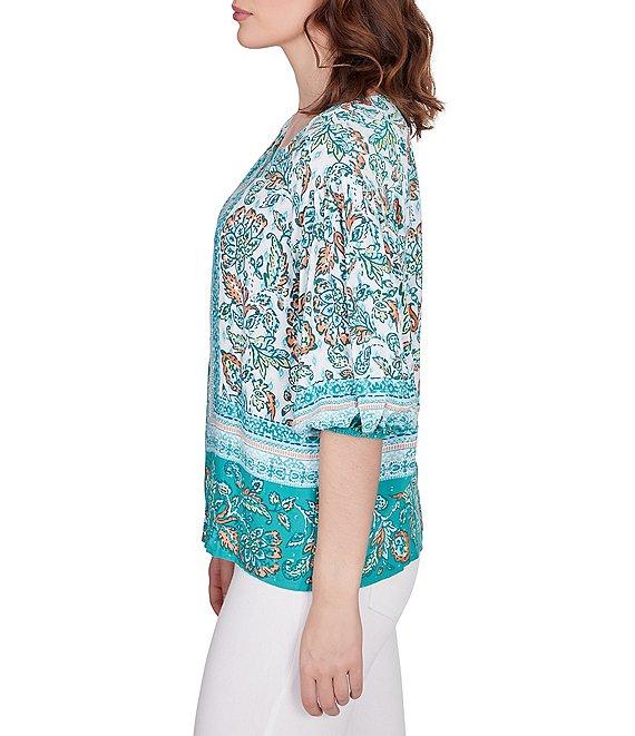 Ruby Rd. Woven Swiss Print Split Round Neck 3/4 Sleeve Top Product Image