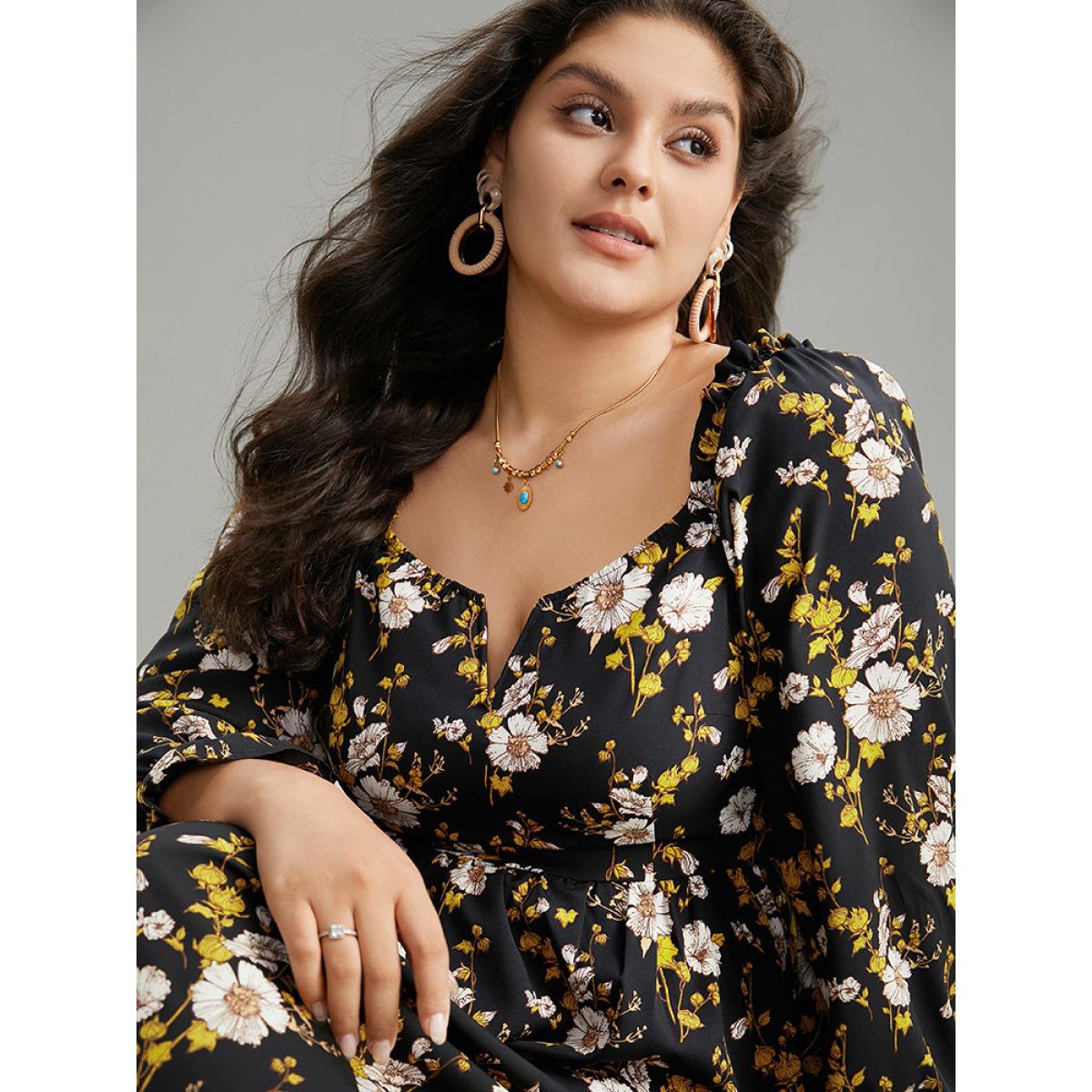 Plus Size Floral Print Notched Frill Trim Gathered Shirred Dress Black Women Vacation Gathered Notched collar Long Sleeve Curvy Midi Dress BloomChic 10/M Product Image