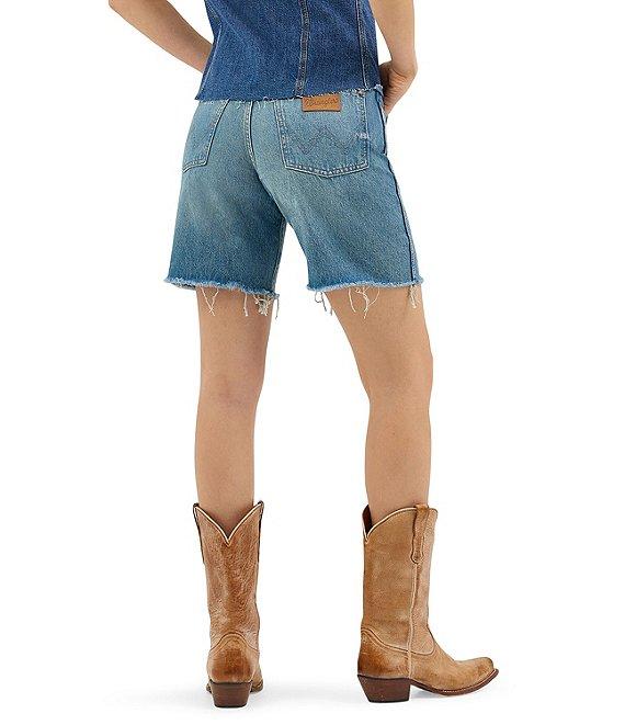 Wrangler Cowboy High Rise Long Line Raw Hem Denim Shorts Product Image