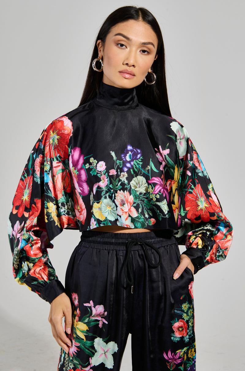 FULL BLOOM SATIN MOCK NECK BLOUSE Product Image