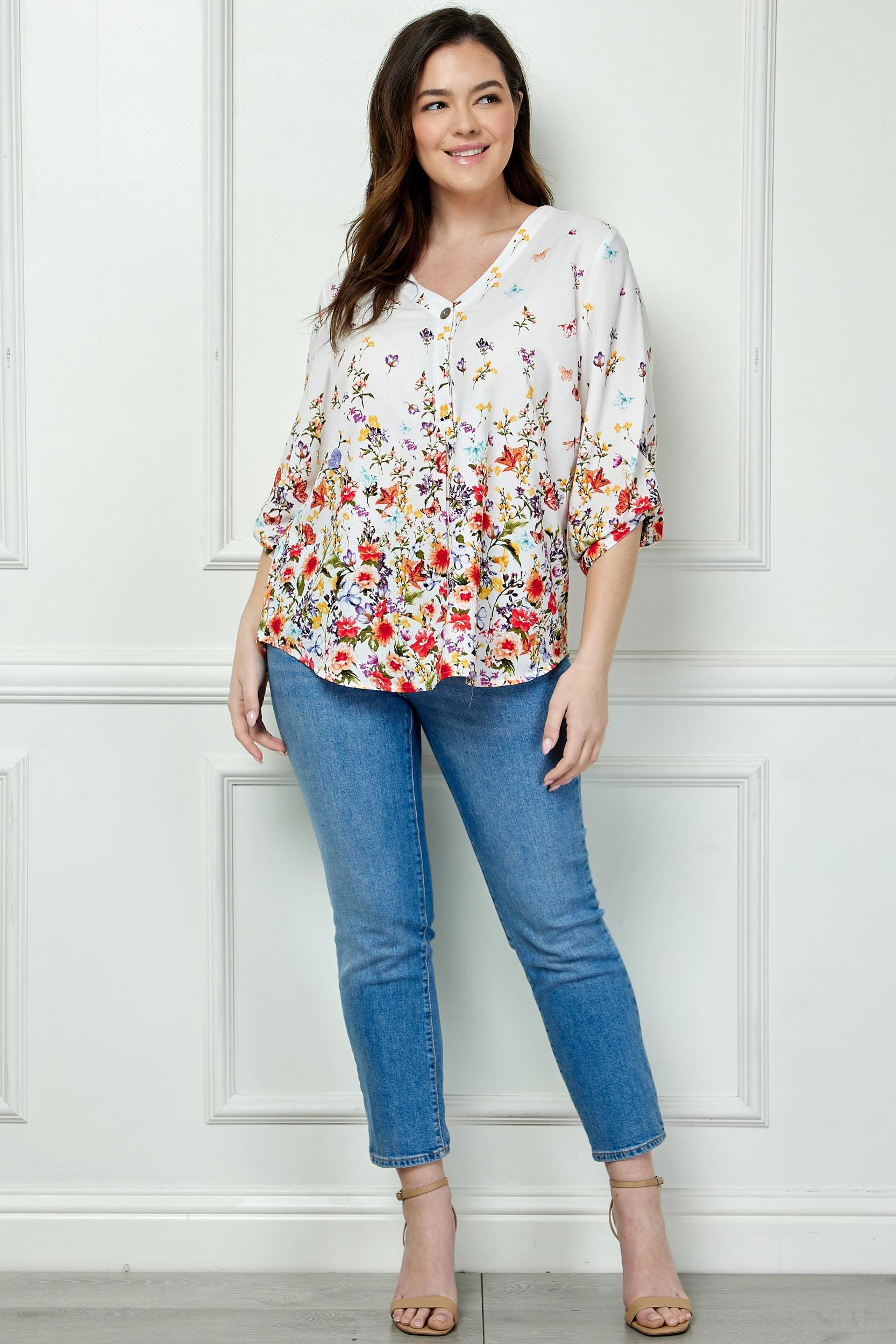 Wildflower 3/4 Button Tab Sleeve Big Button V-Neck Border Print Blouse - Plus Product Image