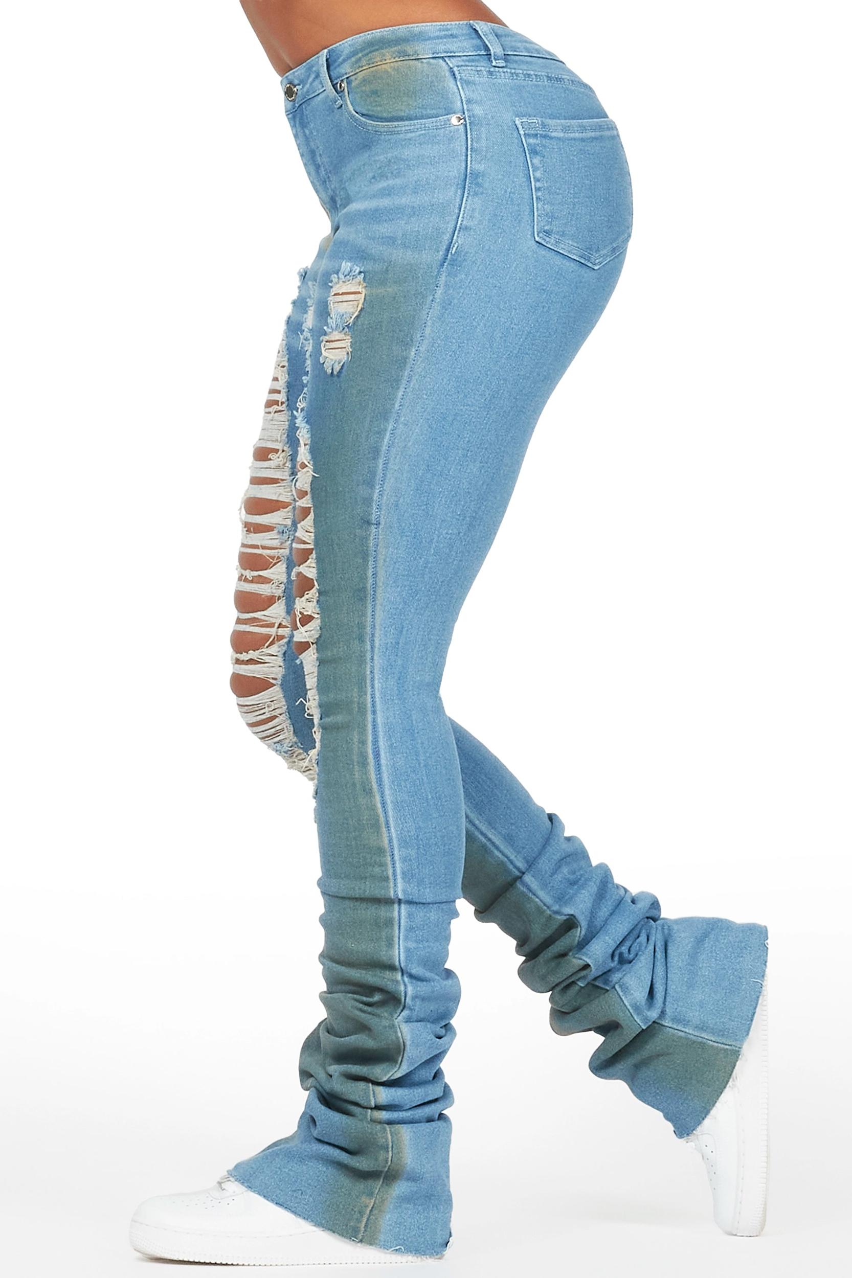 Yours Truly Dirty Blue Bleached Wash Distressed Super Stacked Jean Female Product Image