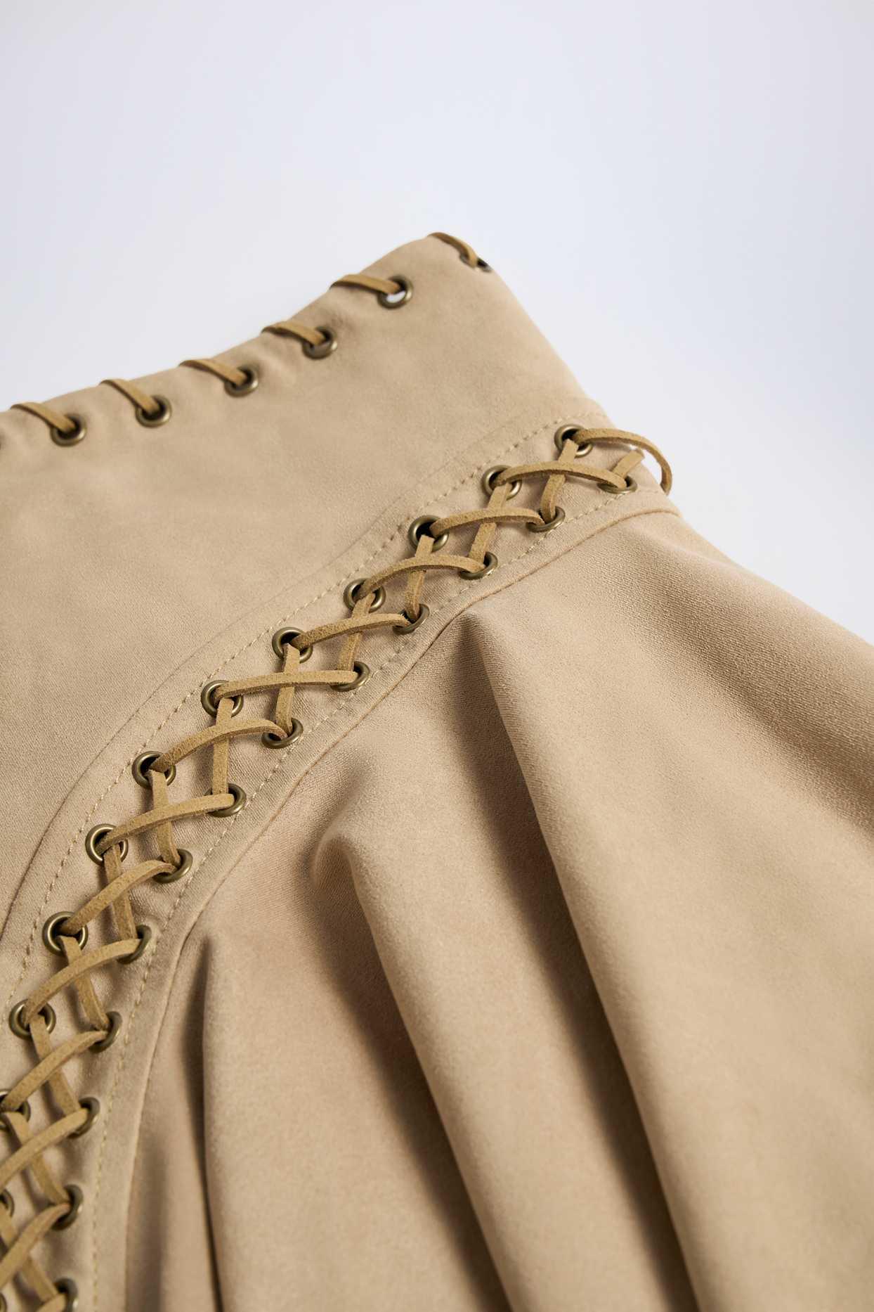 Lace-Up Mid-Rise Mini Skirt in Tan Product Image