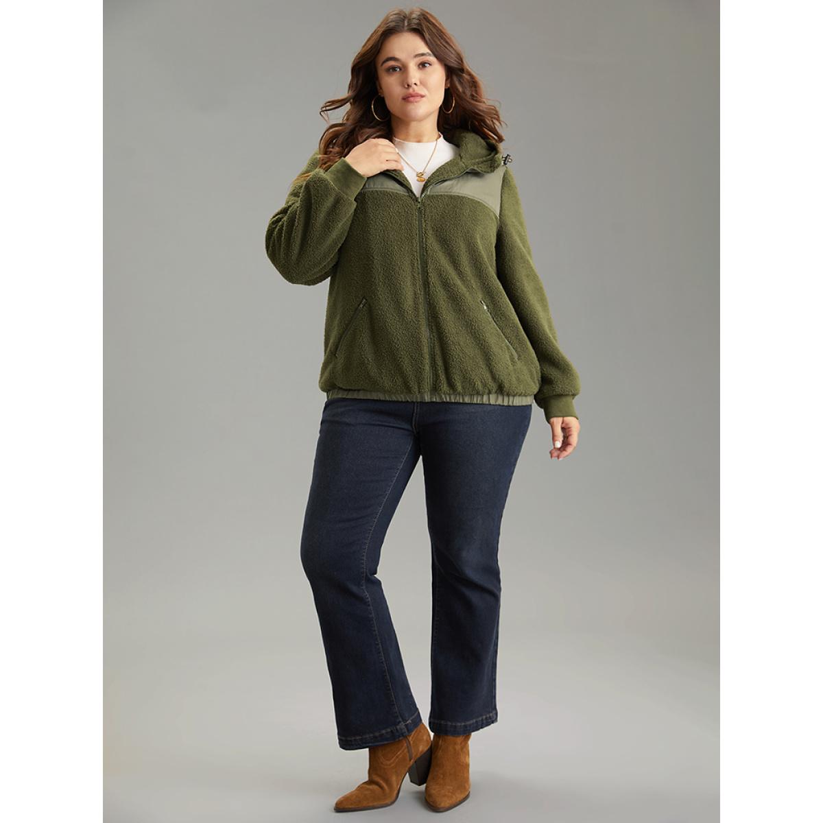 Plus Size Patchwork Zipper Rib Knit Hooded Teddy Jacket Women ArmyGreen Rib Knit Pocket Dailywear Jackets BloomChic 14-16/1X Product Image