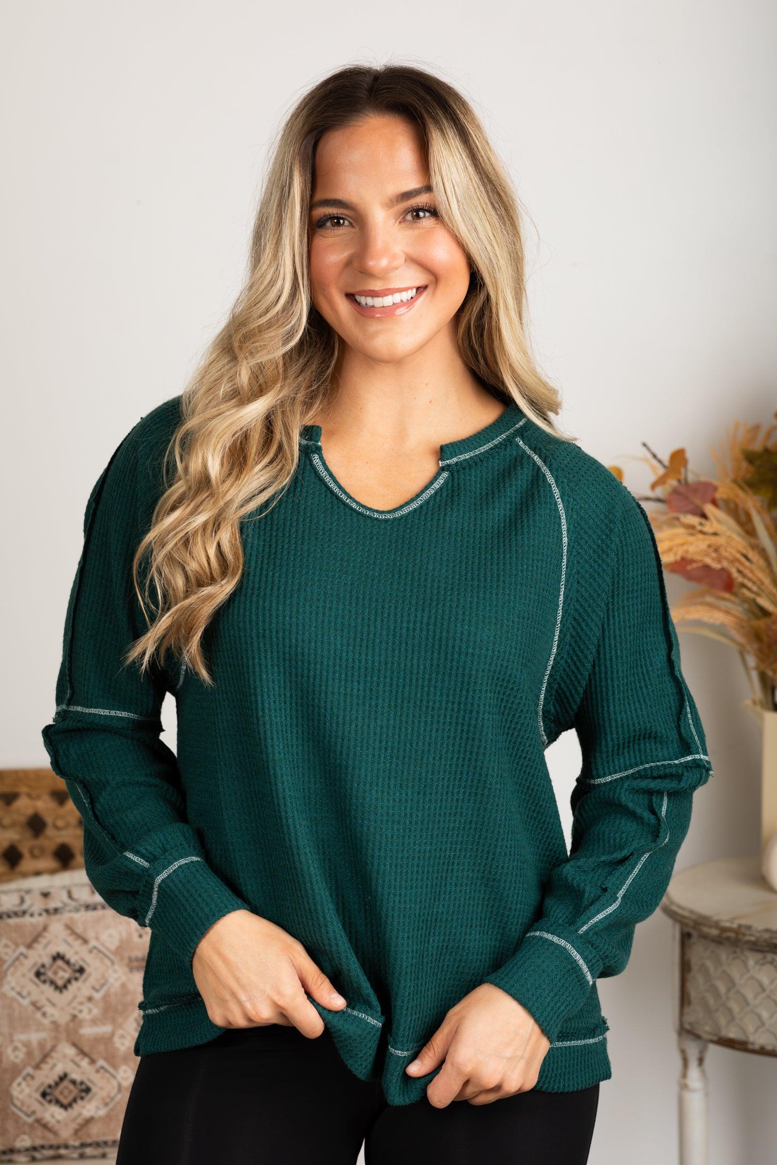 Notched Neck With Exposed Seams Knit Top Product Image
