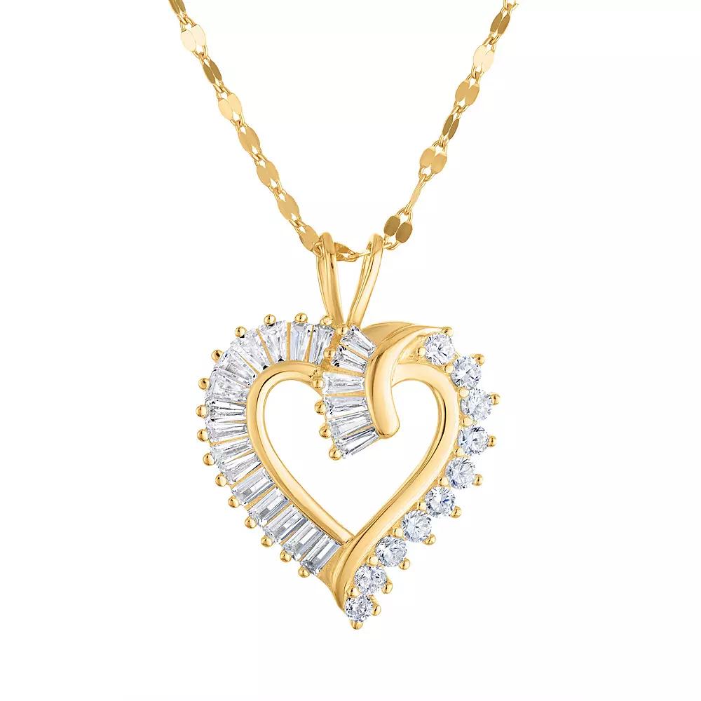 14k Gold Over Sterling Silver Cubic Zirconia Baguette Heart Pendant Necklace, Women's, Size: 18", Gold Tone Product Image