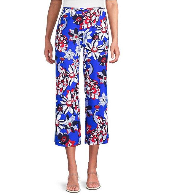 Jude Connally Trixie Twirling Peacock Print Stretch Knit Wide Leg Cropped Coordinating Pull-On Pants Product Image