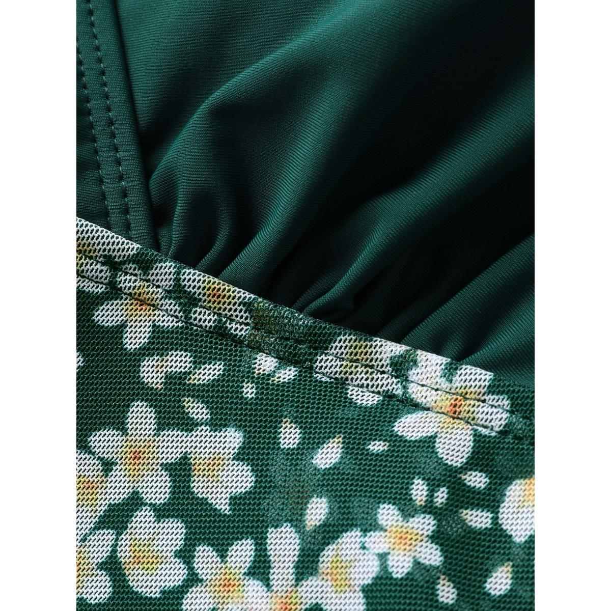 Plus Size Overlap Collar Ditsy Floral Slit Hem Swim Dress Women's Swimwear DarkGreen Beach Bodycon Overlap Collar High stretch Curve Swim Dresses BloomChic 12/L Product Image