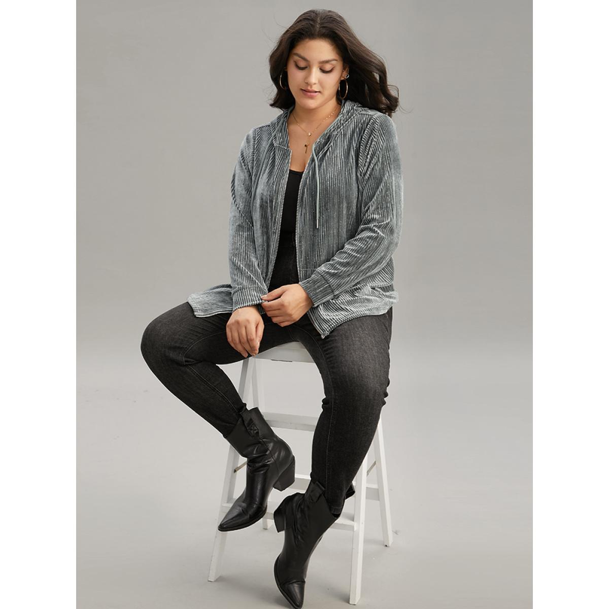Plus Size Glitter Zipper Pocket Hooded Corduroy Sweatshirt Women SlateGray Casual Velvet Hooded Dailywear Sweatshirts BloomChic 26/4X Product Image