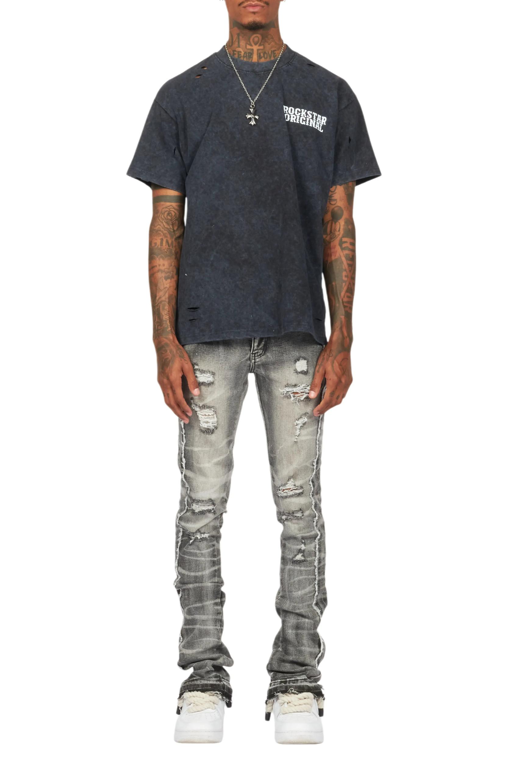 Rugged Black Stacked Flare Jean Male Product Image
