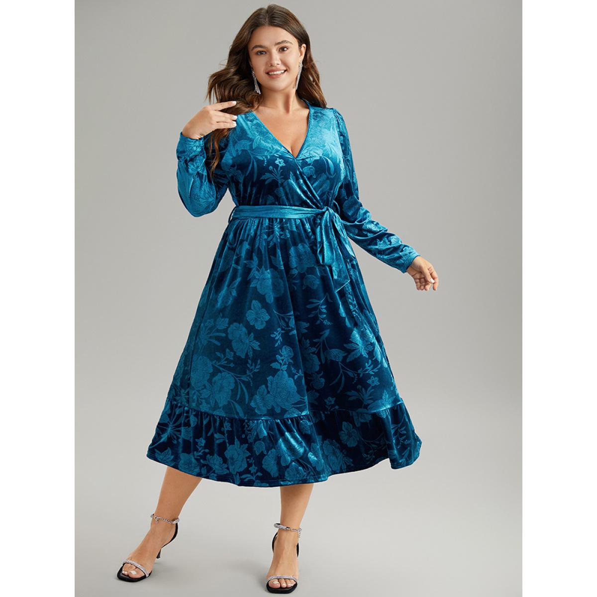 Plus Size Velvet Silhouette Floral Print Belted Wrap Dress Blue Women Party Wrap Overlap Collar Long Sleeve Curvy Midi Dress BloomChic 12/L Product Image