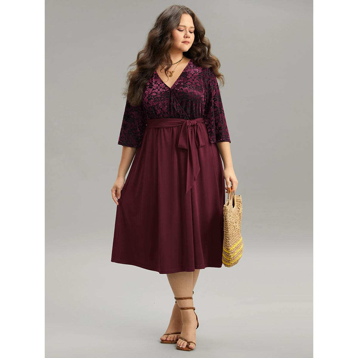 Plus Size Silhouette Floral Print Belted Patchwork Velvet Dress Burgundy Women Vacation Wrap Overlap Collar Elbow-length sleeve Curvy Midi Dress BloomChic 30/6X Product Image